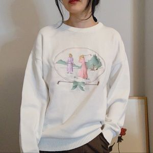 Vtg Cotton Pullover Sweater w/ Embroidered Front